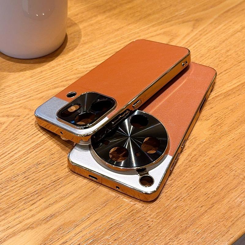 Splicing Faux Leather Case for OPPO Find X9 Ultra Find X9s Pro, Ultra-thin Full Cover Electroplated Gold Bumper Phone Shell
