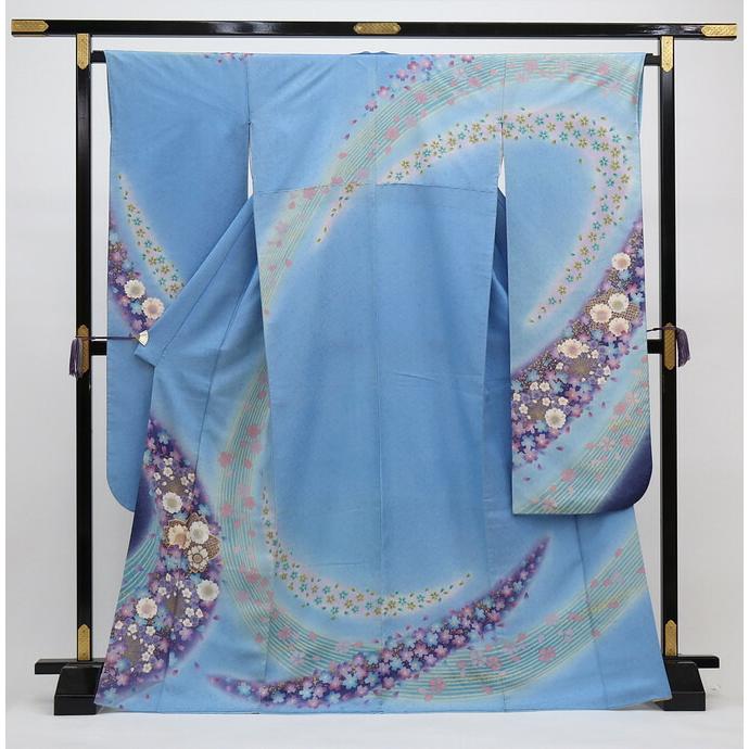 

[Large size] Long-sleeved kimono [Used] Light blue x dark blue cherry blossoms with slight silver thread [Condition rank B]