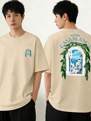 Herren T-Shirt mit marokkanischer Stadtarchitektur Stranddruck Reiner Baumwollstoff mit Casablanca Schriftzug - Sportliches und lässiges Damen YTK T-Shirt