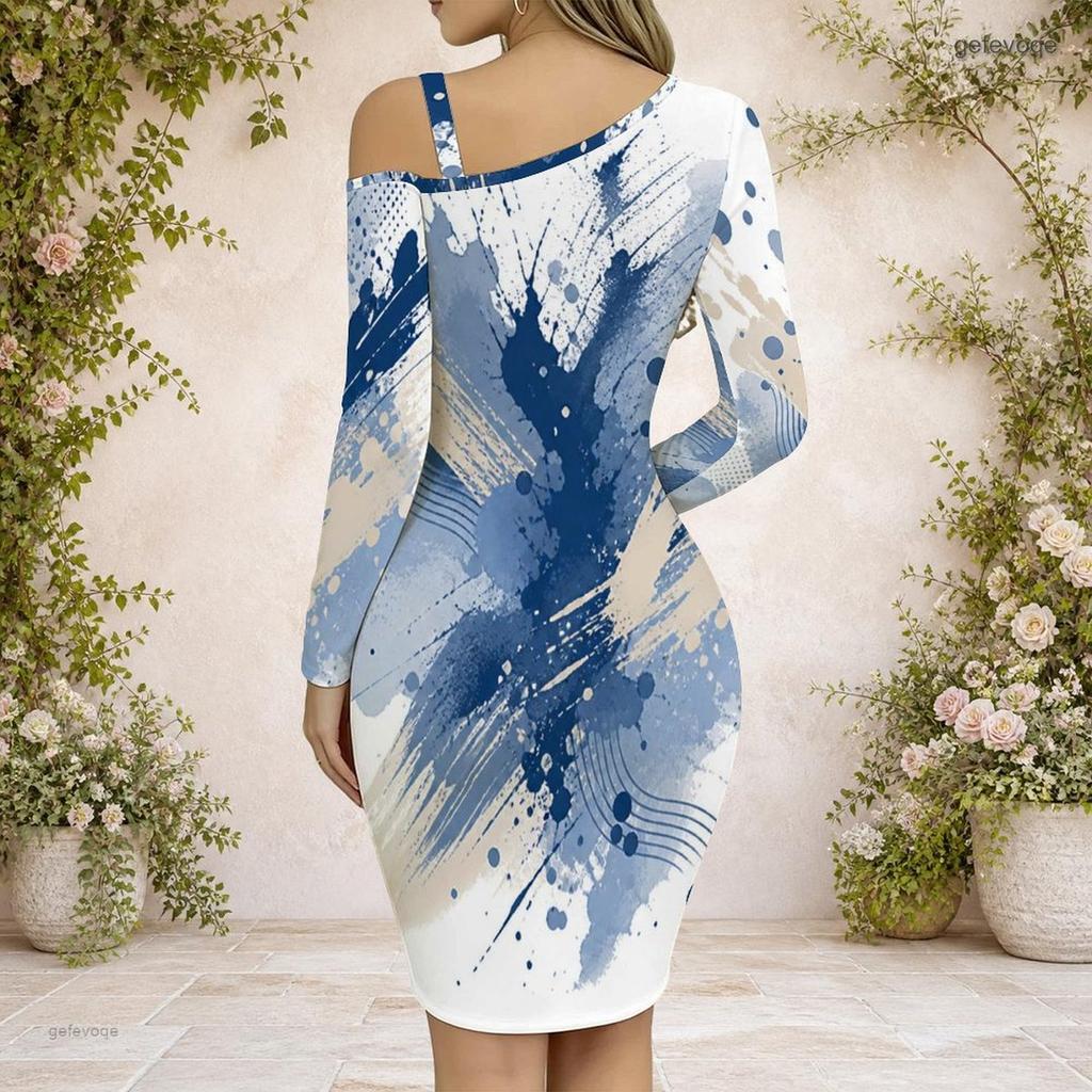 Women Plus Size Colorful Printed Cold Shoulder Long Sleeve Chain Strap Bodycon Dress