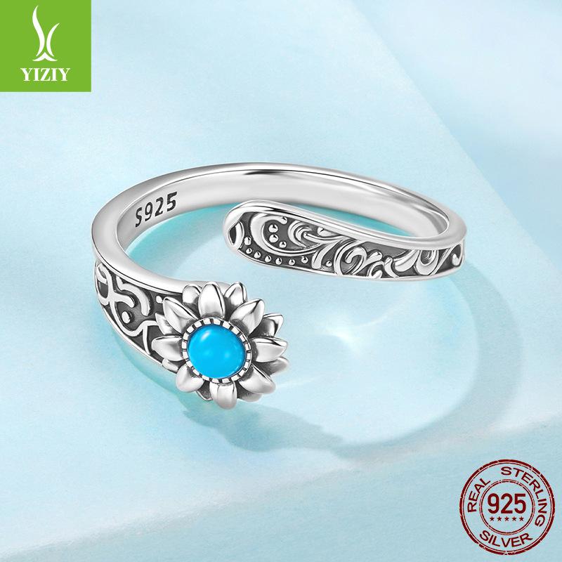 Vintage Sunflower Turquoise Open Ring, Couple'S Classical Engraved S925 Sterling Silver Ring