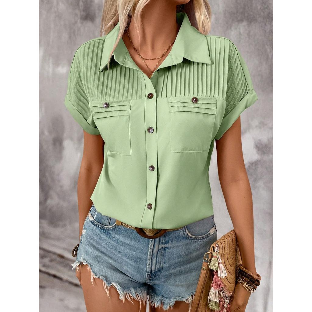 GMXIA Pure Color with Buckle Lapel Shoulder Pleated Pocket Insert Shoulder Short Sleeve Top Inch T-shirt Woman