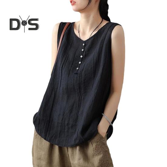 Dámská letní vesta s kulatým výstřihem, bez rukávů, s knoflíkovou ozdobou, tílka jednobarevná, volného střihu, tenká, tílko, streetové oblečení