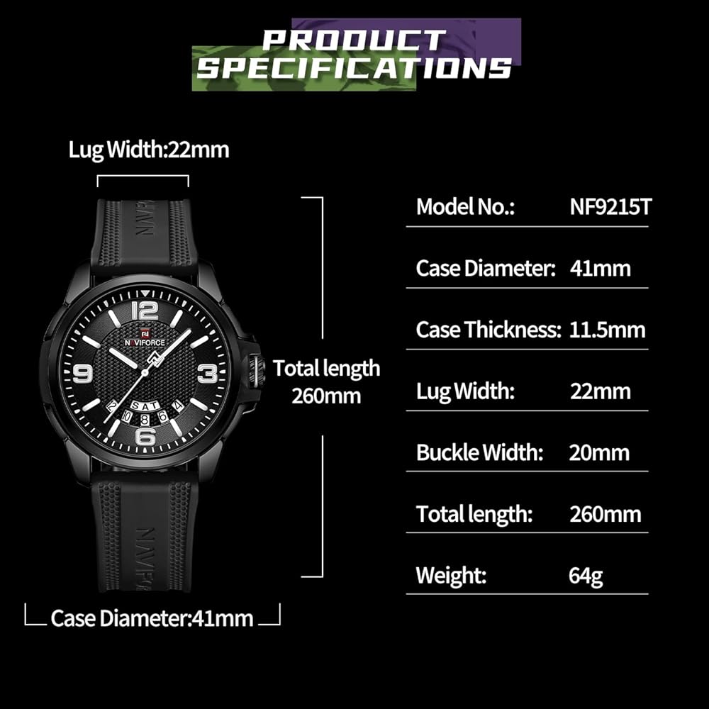 NAVIFORCE Military Analog Waterproof Watch Unisex Silicone Strap Black