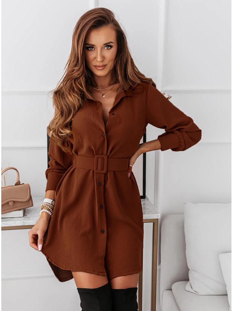2022 Autumn/Winter Slimming Belted Long Sleeve Collared Dress