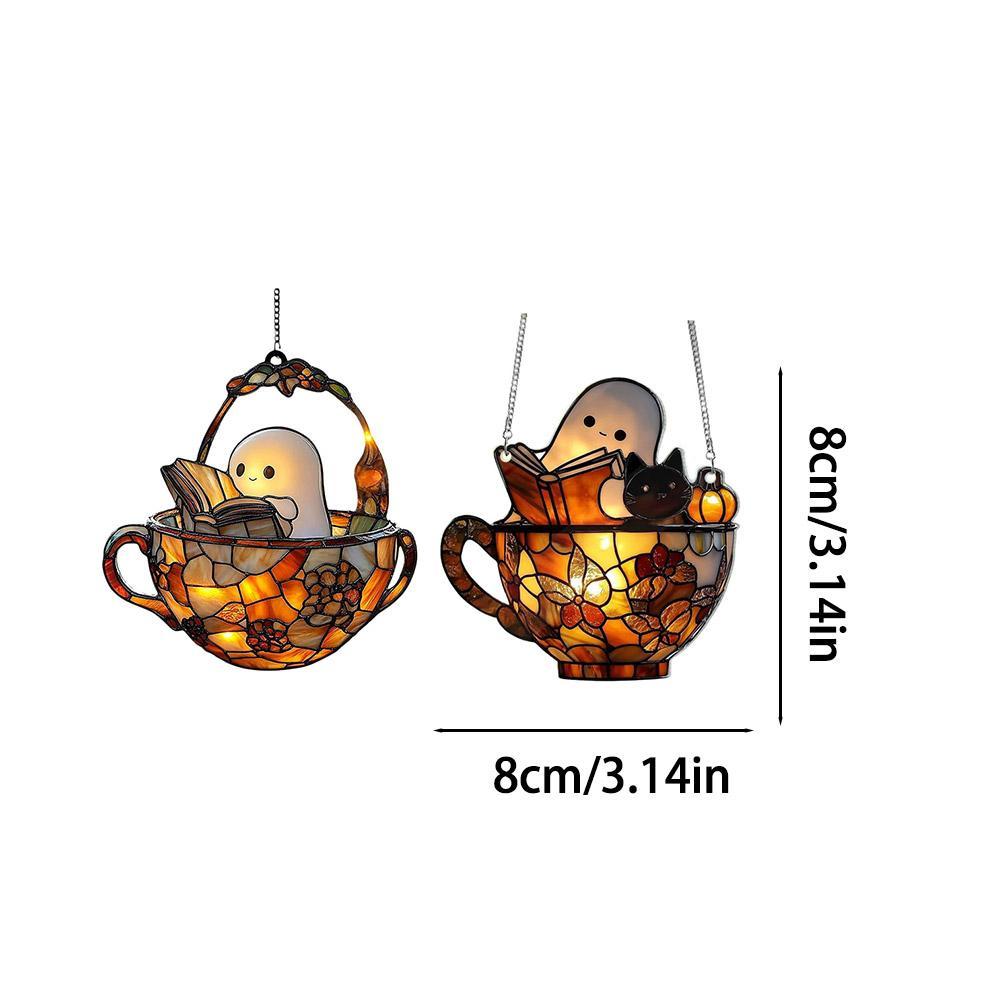 Acrylic Halloween Ghost in Bathtub Window Hanging Ornament Cute Ghost Reading Book Decor Home Bedroom Living Room Decorations