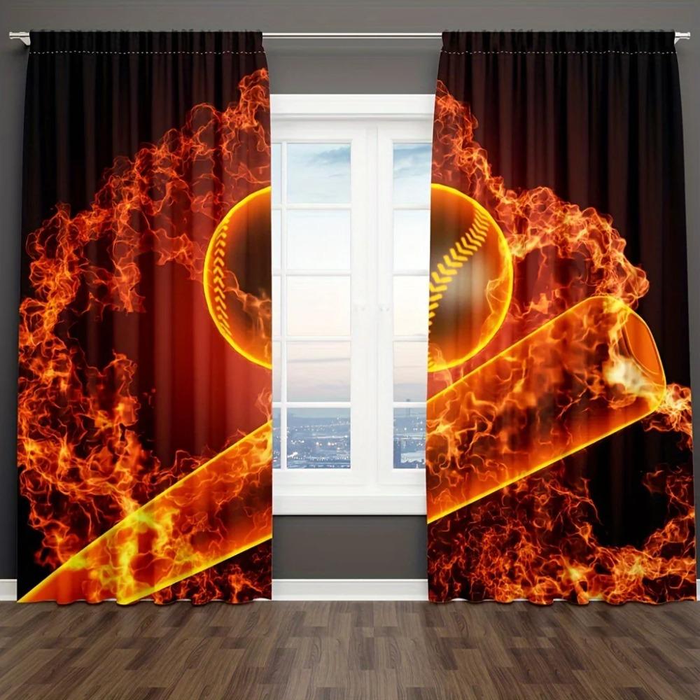2-teilige Vorhänge Sportvorhänge Stangentasche Abstraktes Flammen Basketball-Thema Wanddekoration Jugendzimmer Herren Trendig Cool 3D-Ball-Kunst Gedruckte Vorhänge