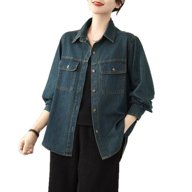 Elegant Japanese Retro Denim Shirt with Double Pockets for Women - Autumn 2025 Casual Layering Jacket