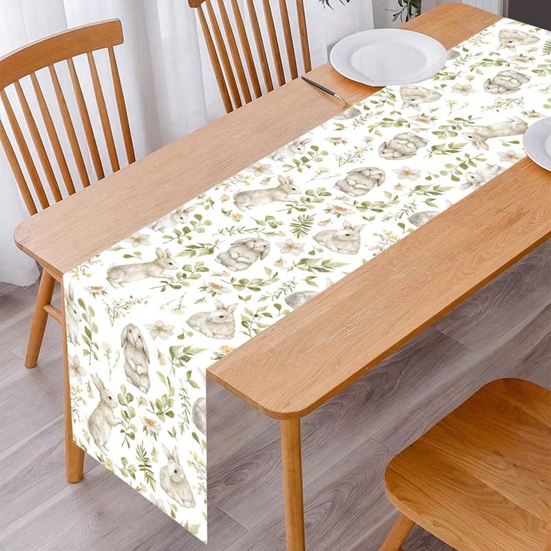 Vintage Easter Bunny Table Runner Polyester Rabbit Eggs Flower Table Flag Easter Decorations For Home Kitchen Dining Table Decor