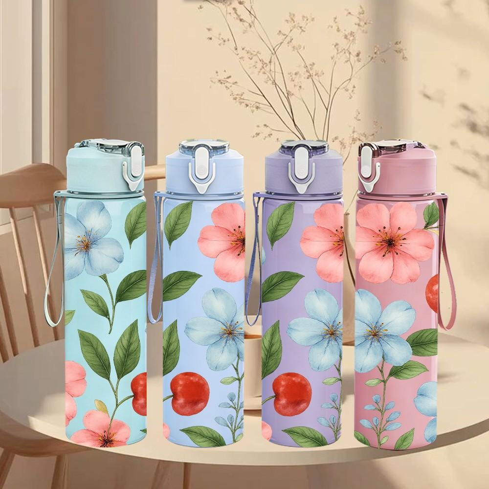 1PC Spring Wild Flower Pattern 750ml Color Plastic Sports Water Bottle Leakproof Flip Straw Lid Suitable for Sports Office Home Use