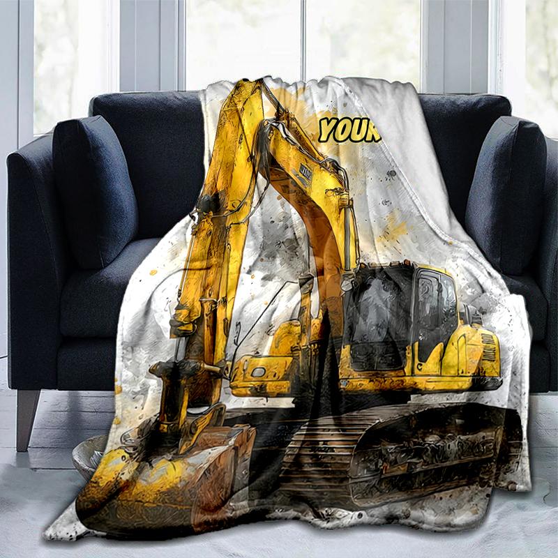 1PC Custom Name Excavator Art Card flannel blanket versatile,all-season throw suitable for the living room,bedroom,camping,travel,and gift