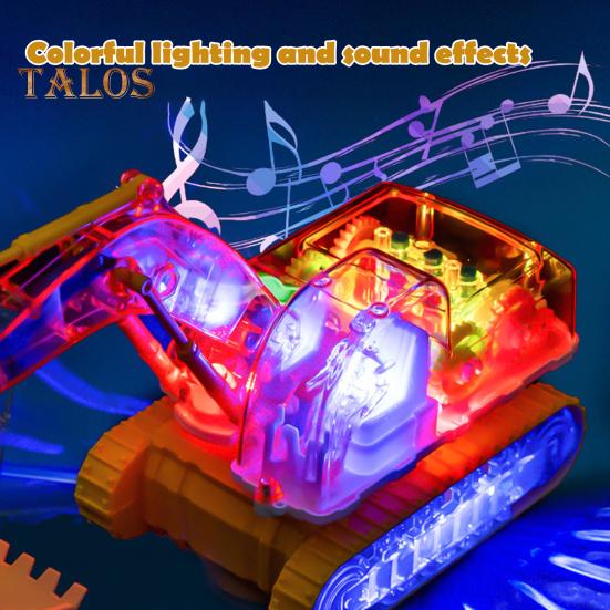 Clear Mechanical Gear Excavator Toy with Colorful LED Lights Music Movable Digging Arm Electric Construction Vehicle Toddlers Boys Educational