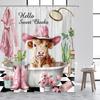 Bathing Highland Cattle Shower Curtains Funny Farm Animal Cactus Plant Pink Bath Curtain Set Polyester Bathroom Decor with Hooks