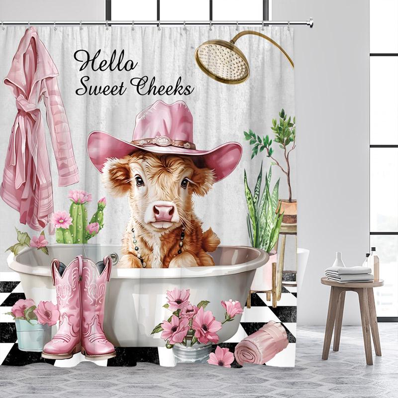 Bathing Highland Cattle Shower Curtains Funny Farm Animal Cactus Plant Pink Bath Curtain Set Polyester Bathroom Decor with Hooks
