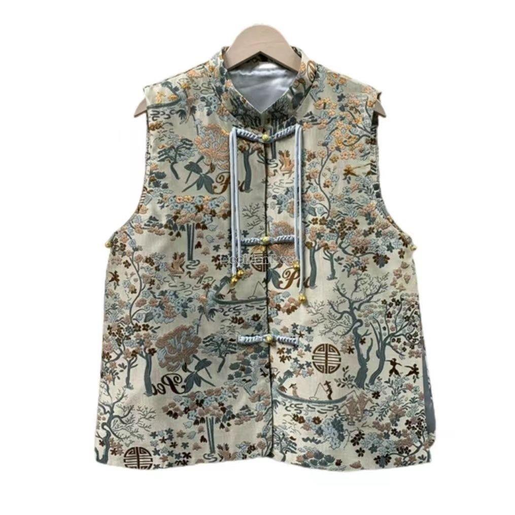 

Женский жилет в китайском стиле с вышивкой в стиле пэчворк, воротник-ципао с пряжкой, универсальный жилет без рукавов из жаккарда XXXL синий