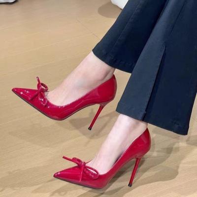 Fashion 2025 New Bow French High Heels Women's Patent Leather Temperament Shallow Mouth Stiletto Single Shoes