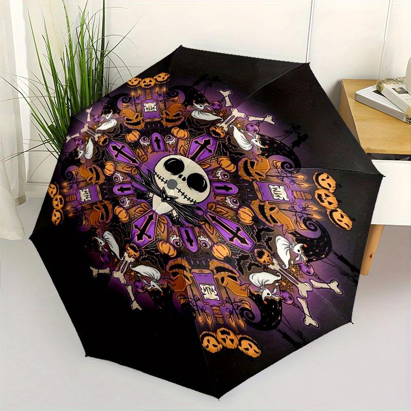 Halloween Theme The Nightmare Before Christmas Automatic 3-Fold Umbrella Design, Cute Cartoon Pattern, Portable Outdoor Umbrella, Perfect, H