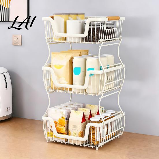 Office Desk Storage Shelf 2/3 Layer Countertop Organizer Rack Heavy Duty Fruit Basket Stand Sturdy Desktop Space Saving Carbon Steel Rack