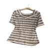 V-Ausschnitt gestreiftes kurzärmeliges T-Shirt Damen 2026 Sommer Neu Locker Unregelmäßiges Design Vorderseite Schulter T-Shirt Dünnes Oberteil