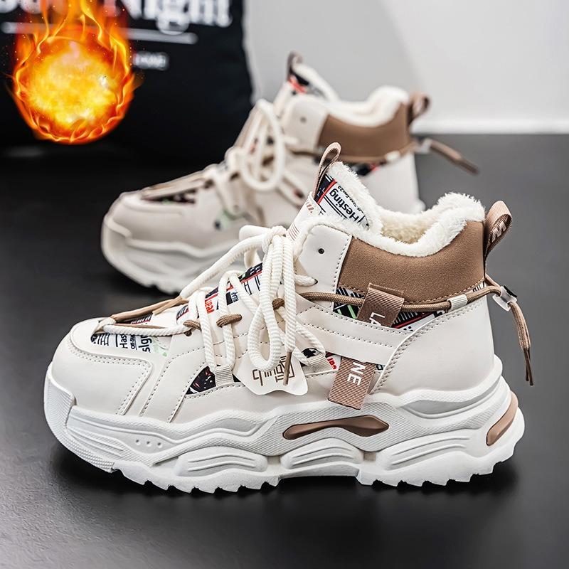 

High Top Men s Shoes Winter 2026 New Fashion Plush Thicken Warm Cotton Shoes Comfortable Height Increase Lace Up Casual Sneakers 39 хаки