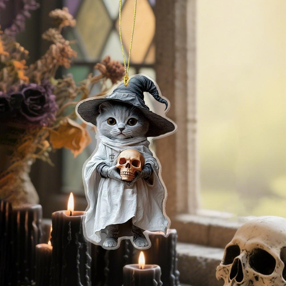 Halloween Car Ornament Halloween Themed Car Charm Halloween Cartoon Witch Cat Car Mirror Hanging Decoration for Rearview
