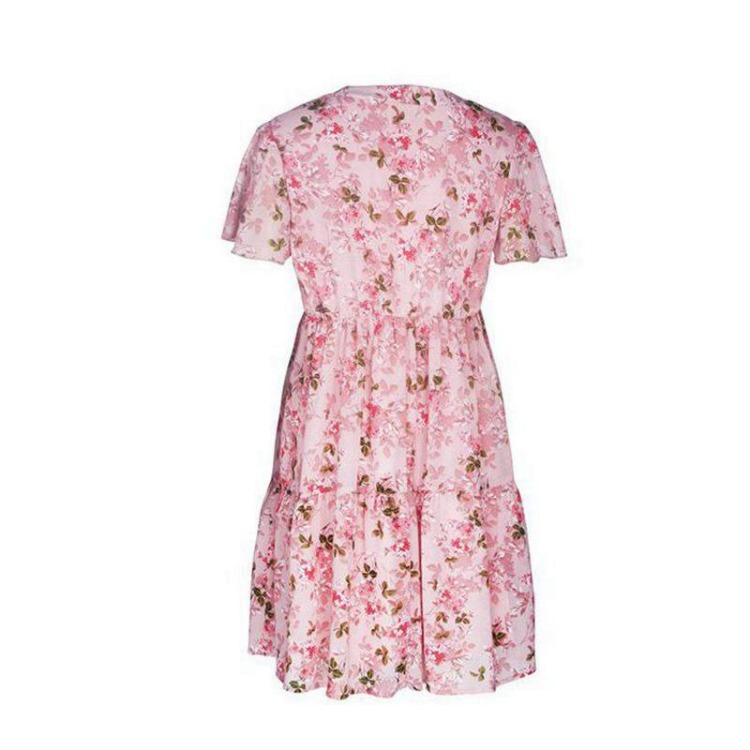 Women Chic Floral Print Loose Dress V Neck Short Sleeve Spring Autumn Fashion S-XL