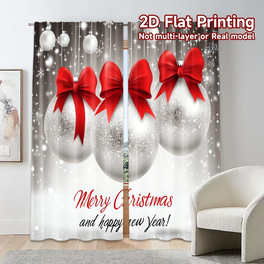 Set Of 2 Curtains Christmas Baubles Red Bows Popular Fashionable Durable Polyester Fabric Decorations Curtain Made