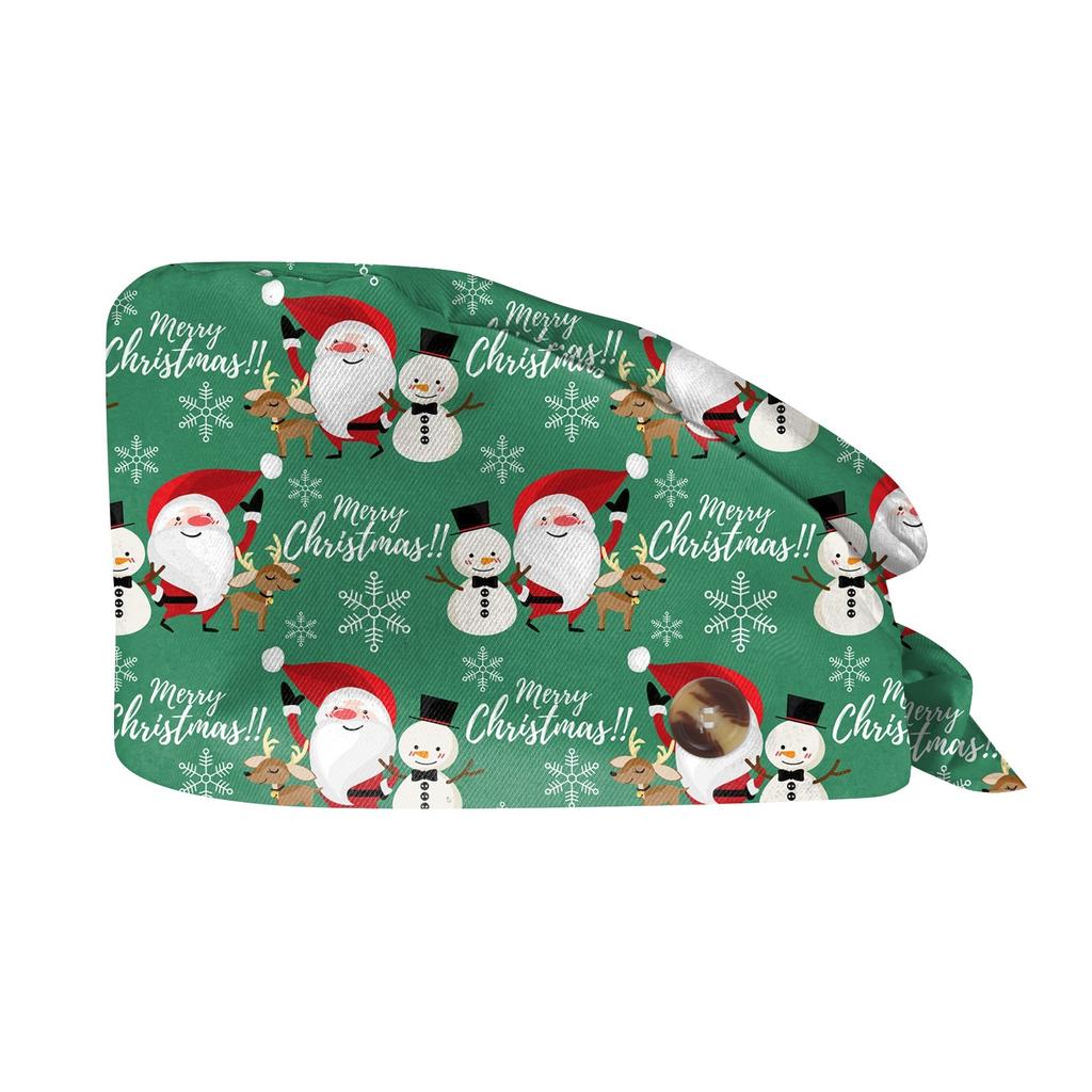 Christmas Print Work Cap with Adjustable Tie Back Ponytail Hole Dustproof Nurse Cap Surgical Scrub Hat for Women