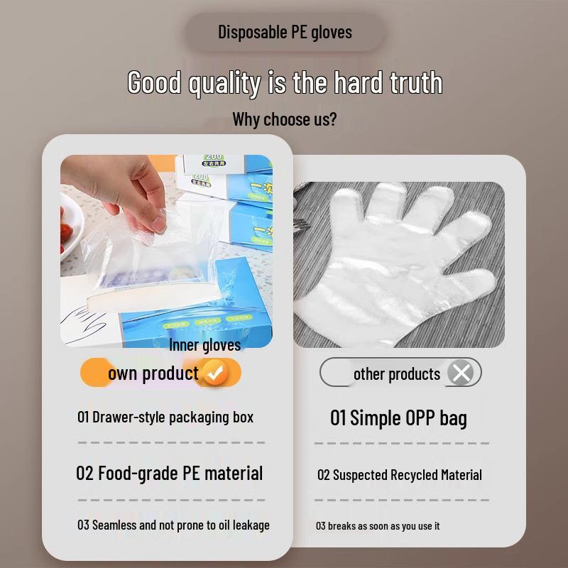 Jednorázové PE plastové kuchyňské rukavice pro styk s potravinami, krabicové, průhledné, se stahovací šňůrkou, zesílené a odolné proti opotřebení