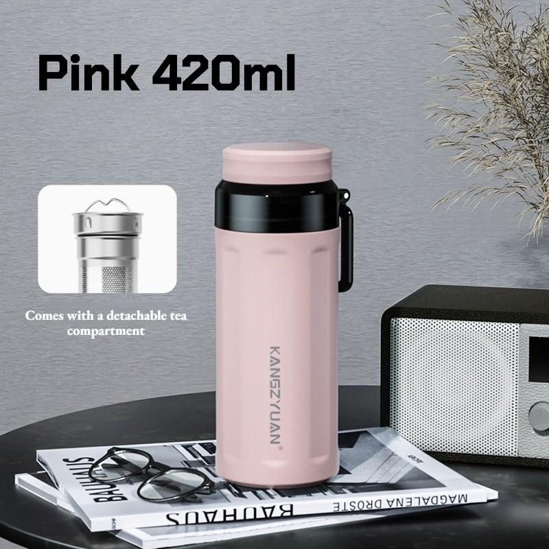 316 Stainless Steel Thermos Flask, Large Capacity Vacuum Insulated Water Bottle with Tea Infuser, Portable Tumbler  Handle 420ml розовый