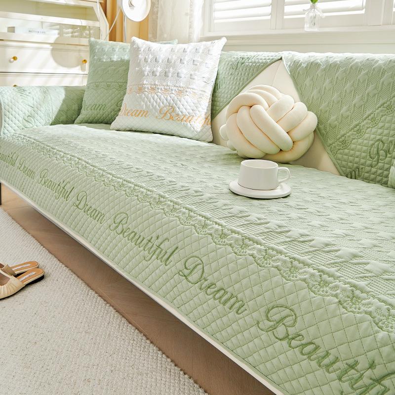Washed Cotton Embroidered Sofa Cushion Household Anti Slip Combination Sofa Cover Living Room Seat Backrest Solid Color Sofa Mat