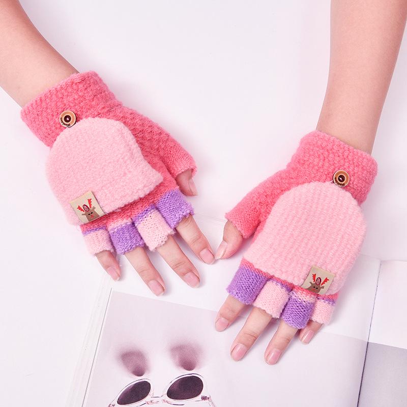 Kids' Cartoon Knitted Flip-Top Fingerless Winter Gloves - Unisex, Warm, Velvet-Lined, Thickened