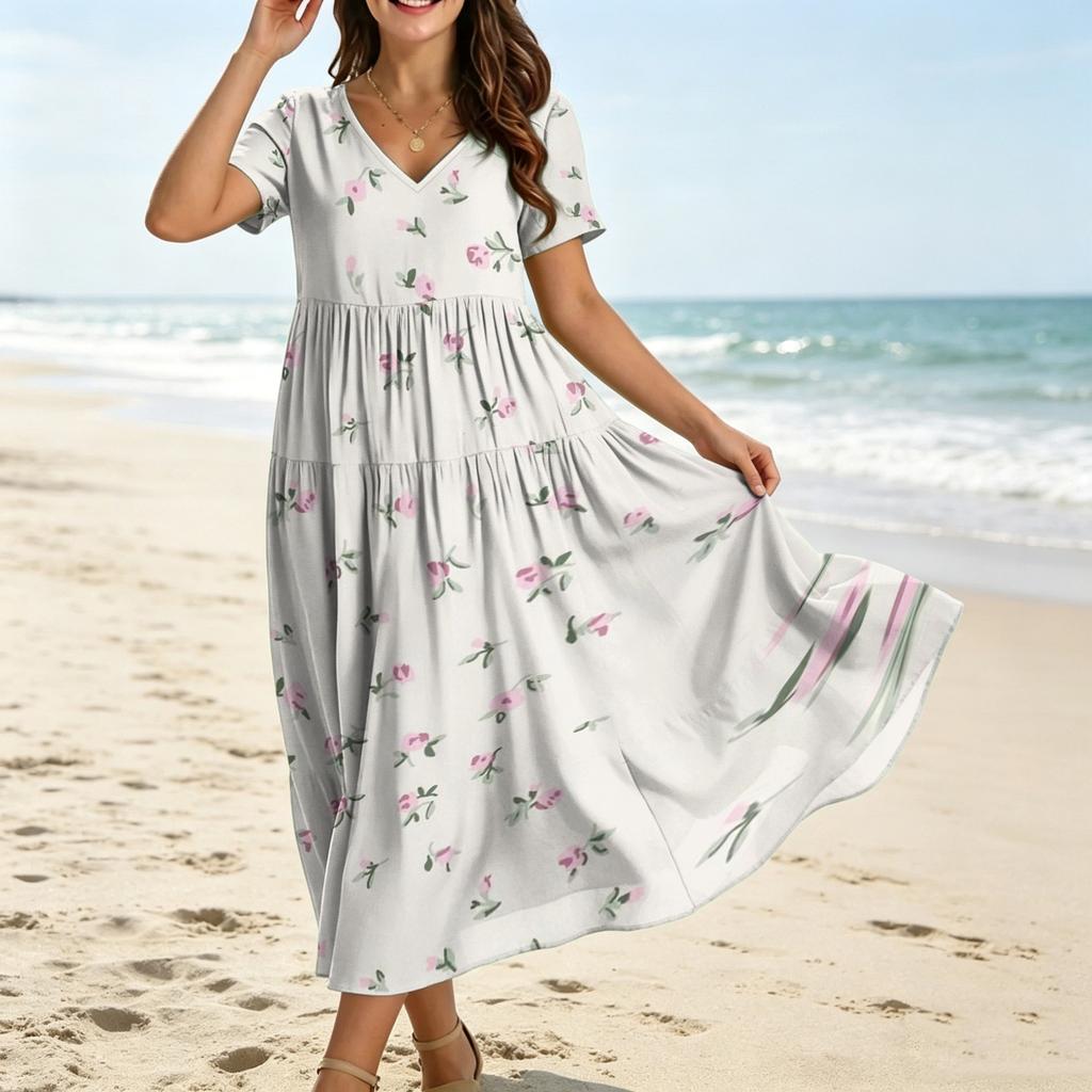 Women Casual Loose Bohemian Floral Dress Krótki rękaw Długa Maxi Summer Beach Swing Dress