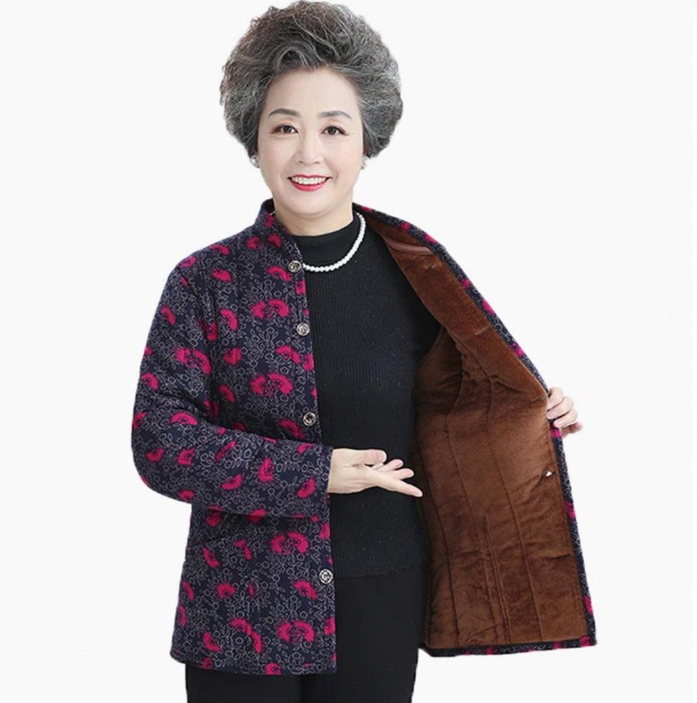 Floral Padded Winter Jacket for Moms - Fleece-Lined Cotton Coat for Middle-Aged and Elderly Women