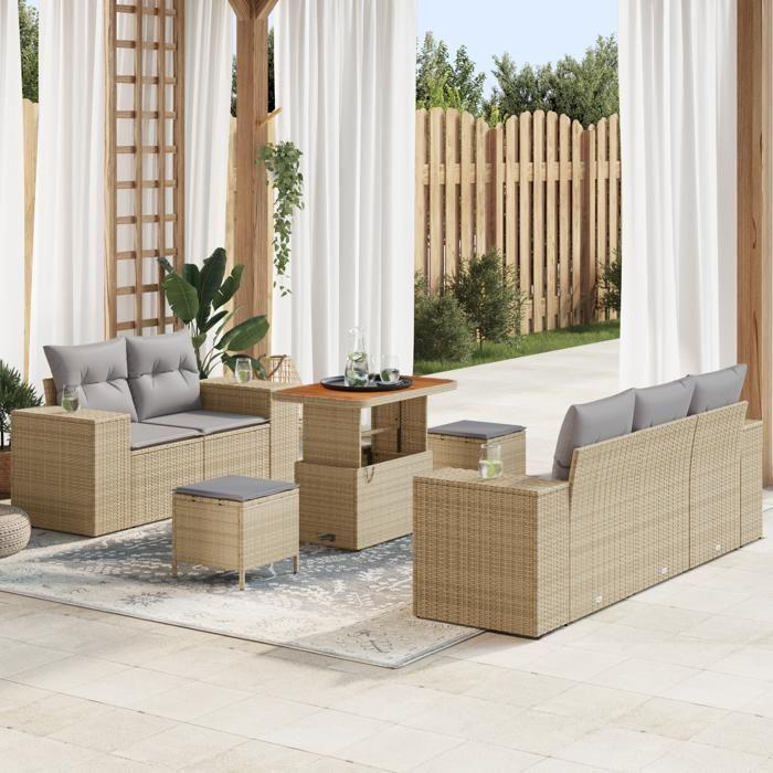 Ensemble de canapés de jardin 8 pièces avec coussins beige poly rattan acacia, Ensemble de salle à manger de jardin 3 pièces 3361952