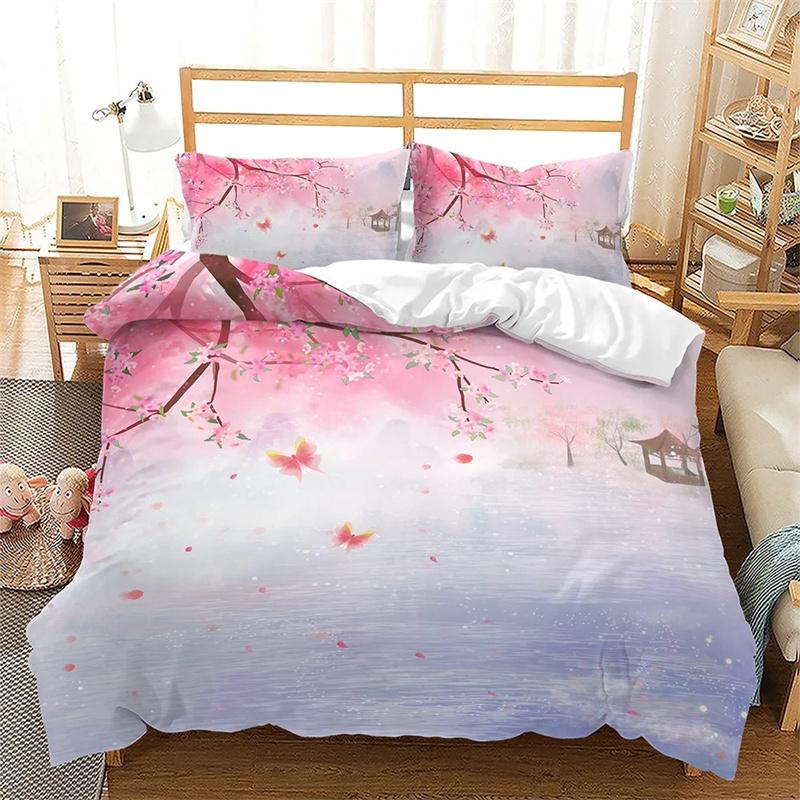 Spring Flowers Duvet Cover Pink Sakura Girls Cherry Blossoms Quilt Cover Floral Polyester for Women Kids for Bedroom Decorations