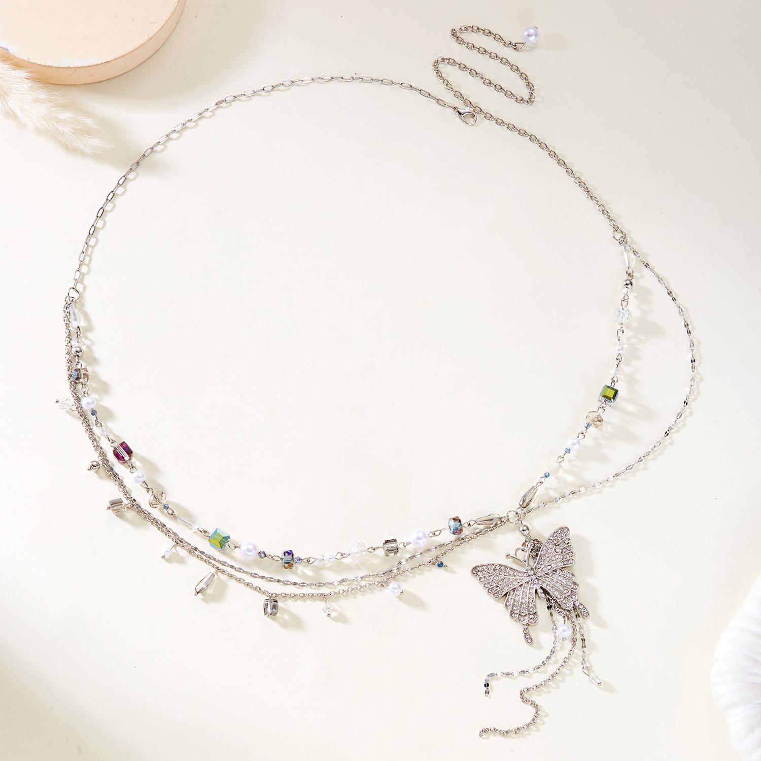 

Hot Selling Butterfly Pearl Tassel Necklace Light Luxury Design Sense Waist Chain Clavicle Chain Two-Way Wear Niche Accessories Necklace Waist Chain