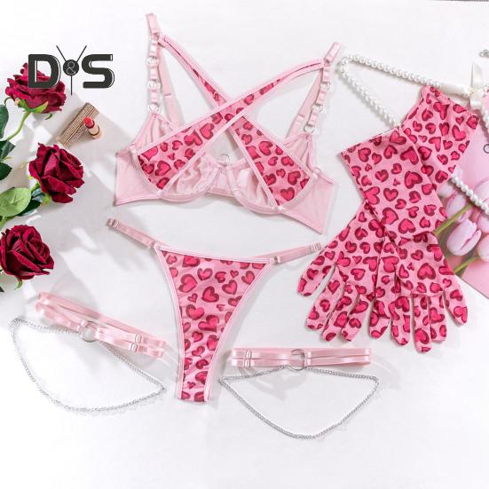 1 Set Damen-Unterwäscheset inklusive Handschuhen und Oberschenkelringen, Kettendekor, Herzdruck, G-String, ausgehöhlt, verstellbarer Kreuzgurt, Schlafzimmer, Hochzeitsnacht