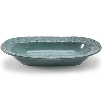 Ovale Schale mit sorgfältig geschnitztem Reliefblumenmuster 25,6 x 16,3 x Höhe 4,4 cm Aqua Mino Ware Die feuchte und ruhige Farbe der Schale erzeugt eine