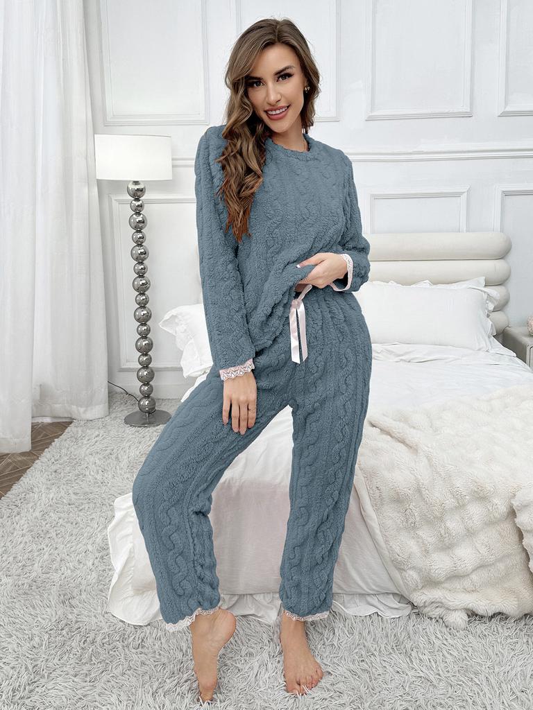 Autumn Winter Pajama Set for Women's Velvet Warm Casual Thick Tops and Long Trousers Set Home Wear Sleepwear Loungewear