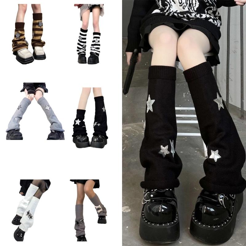 Girls Lolitas Leg Warmers Y2K Star Knitted Flared Leg Sleeves Goth Baggy Cuffs Ankle Heap Socks JK Uniform Foot Cover