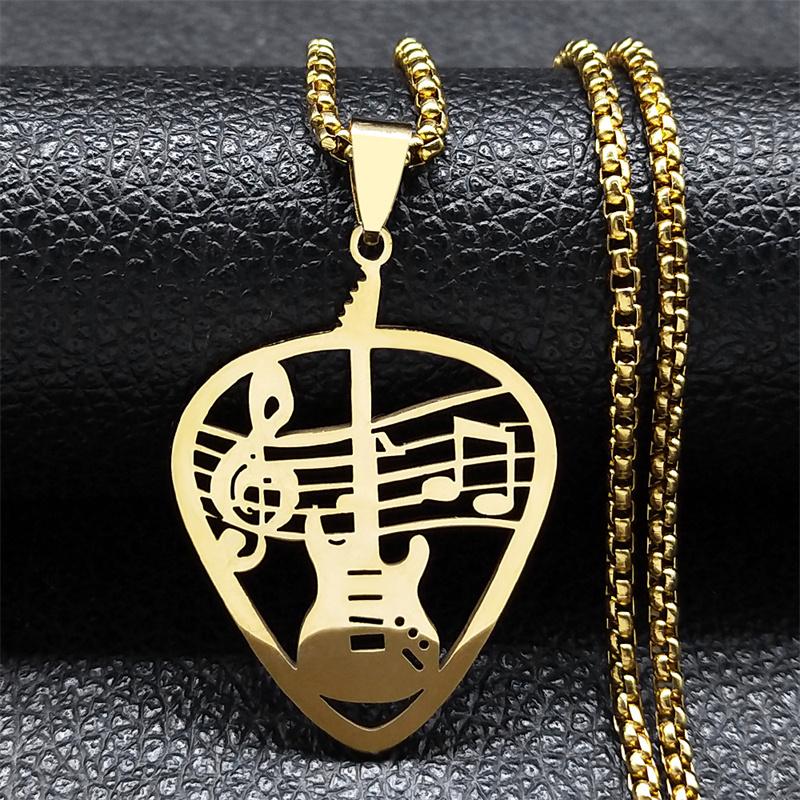 Music Guitar Pick Pendant Necklace for Women/Men Stainless Steel Gold Color Punk Bass Note Chain Necklace Party Jewelry collar