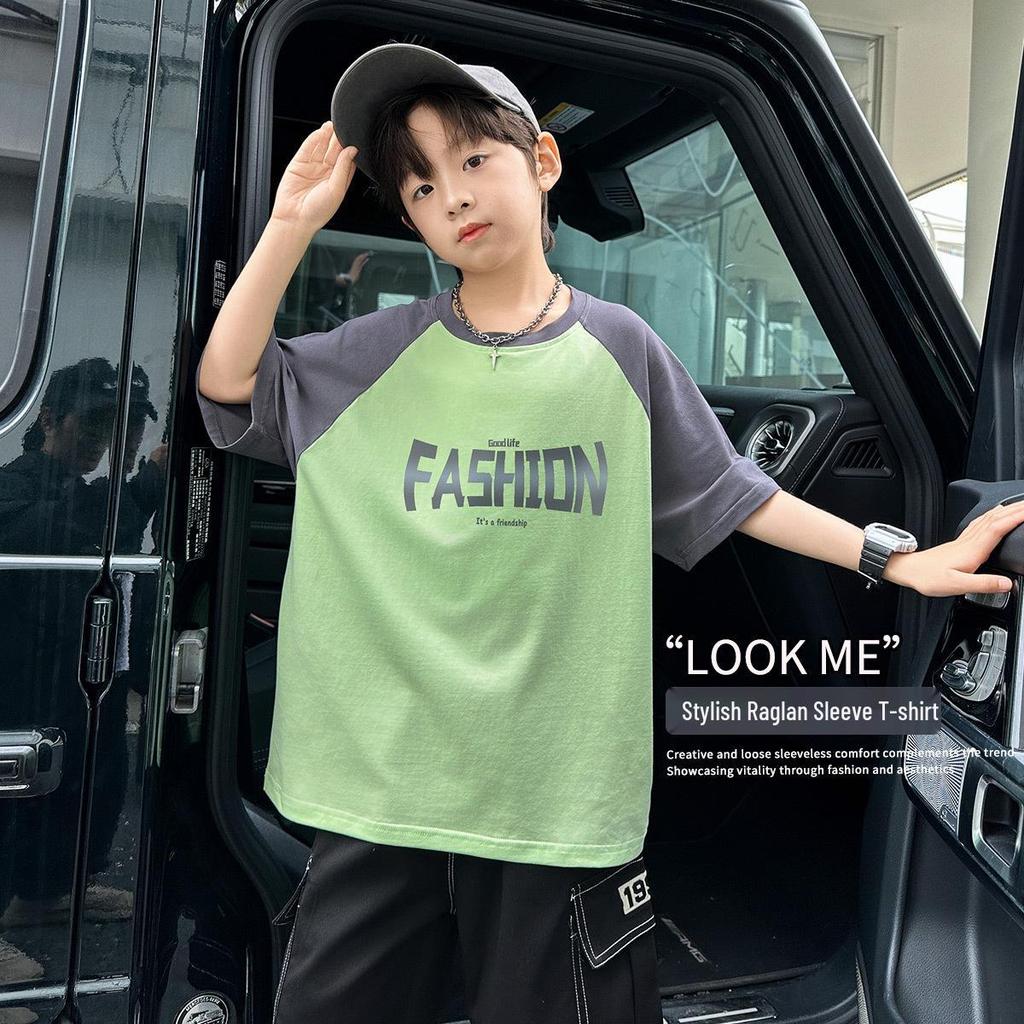 Clearance: Boys' Cartoon Print Cotton T-shirt - Short Sleeve, Round Neck, Color Block, Versatile Summer Top
