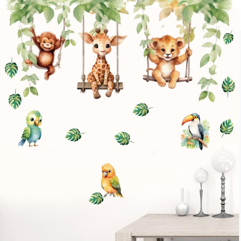 §Cartoon Funny Animals Bird Swinging Wall Stickers Kids Room Decoration Mural Art Pvc Posters Home Decals