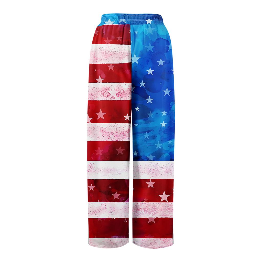 Damen Sommer Boho Palazzo Hose Hohe Taille Weites Bein Independence Printing Freizeithose mit Taschen