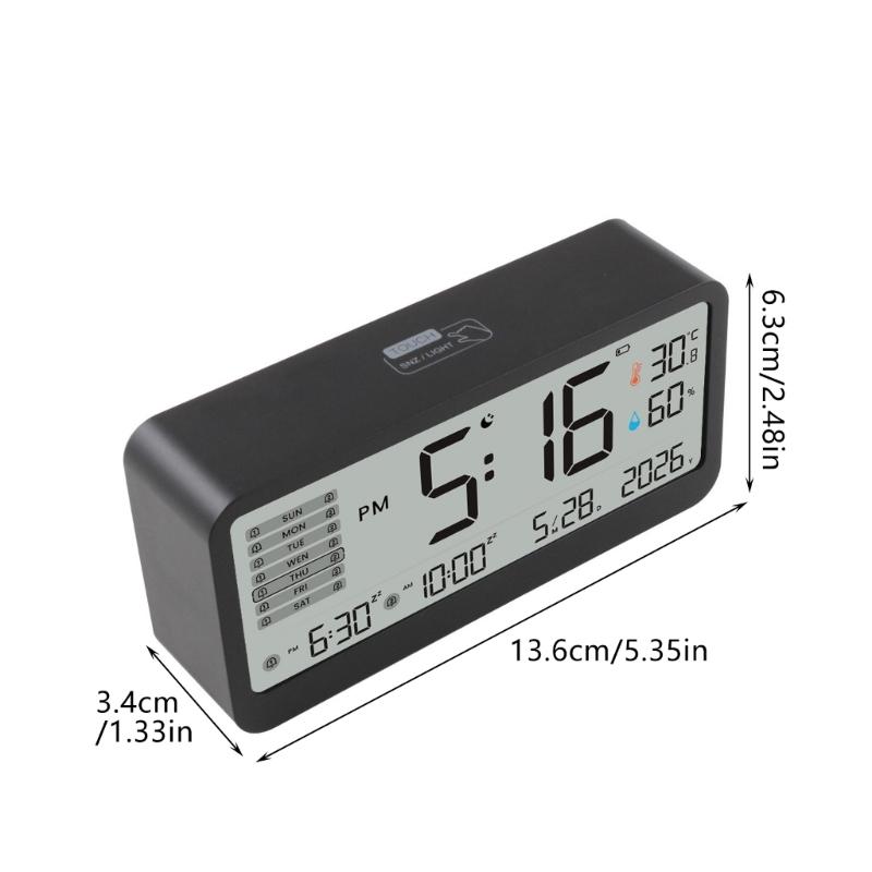 Bedside Alarm Clock with Temperature and Moisture Reading, Large Screen Room Clock with Two Alarms, Repeat Alarm, Night Light for Dorm Use