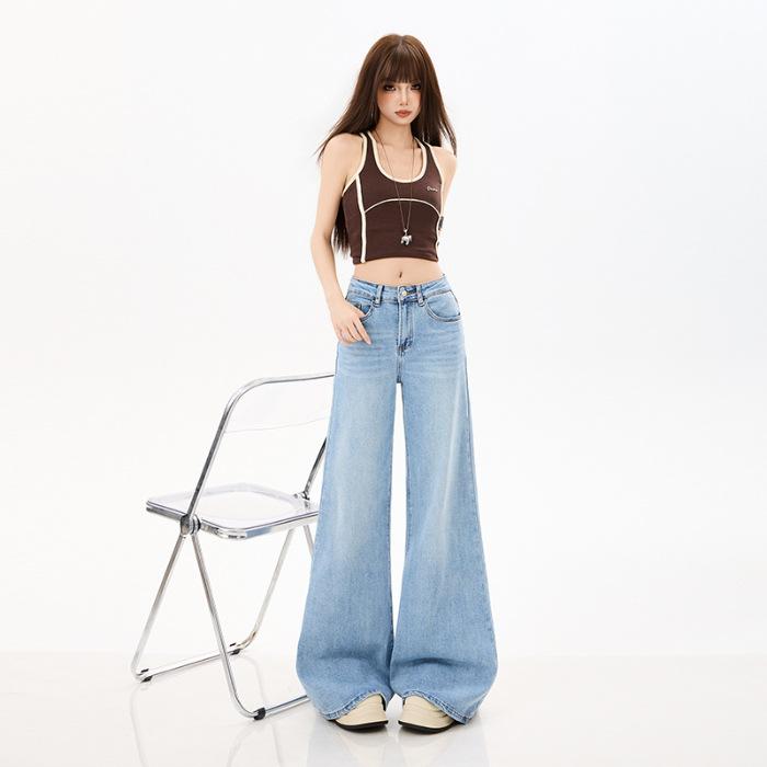 Spice girl light blue jeans women's spring high waist washed micro-pull pants versatile floor pants black gray wide-leg trousers