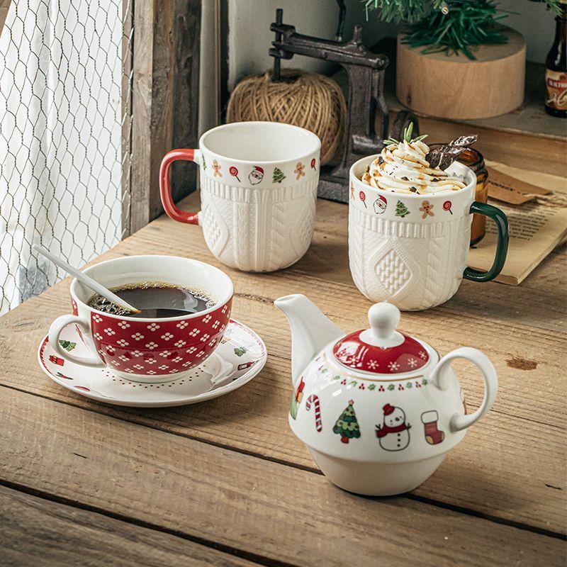 Teiera in Porcellana Ossea 250ML con Tazza Set Teiera Tazza in Ceramica di Coppia di Alta Qualità, Tazzine da Caffè Piattino, Regalo per Vacanze di Natale, Halloween