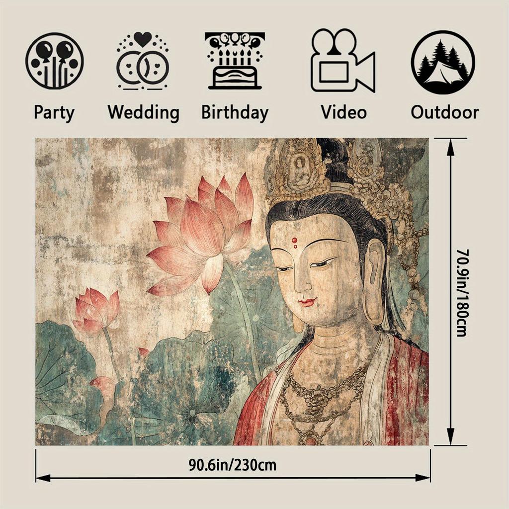 VIKAMA Dunhuang Style Tapestry with Aged Mural Texture Guanyin and Red Lotus for Zen Home Decorations and Tea Room