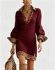 European and American Women's Clothing New V-neck Leopard Print Splicing Knitted Dress Women's Loose Casual Fashion Short Skirt